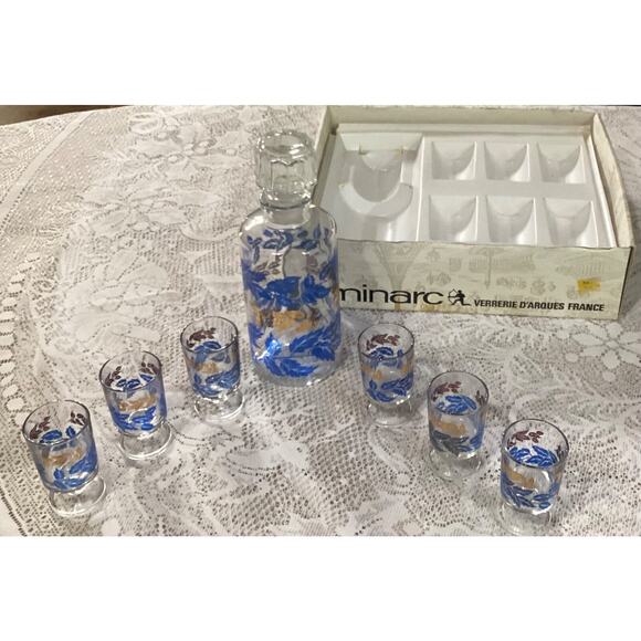 MCM Luminarc France Blue Gold Leaves Decanter 6 Footed Liqueur Aperitif Glasses - Picture 2 of 9